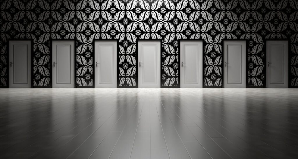 Five closed doors in a black and white ornate hallway symbolizing opportunities and decisions.